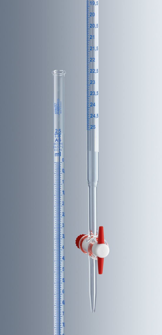 Marienfeld 2422141 Cam Büret, Mohr Modeli, AS Sınıfı, PTFE Musluklu, 100:0.2 ml Ambalaj Miktarı: 2 Ad.