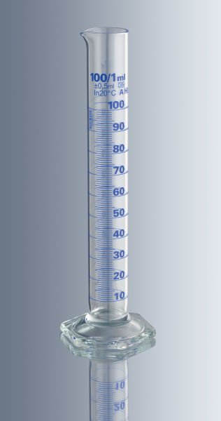 Marienfeld 2106081 Cam Mezür, A Sınıfı, Uzun Form, Mavi Renk Taksimatlı, 100 ml  Ambalaj Miktarı: 1 Ad.