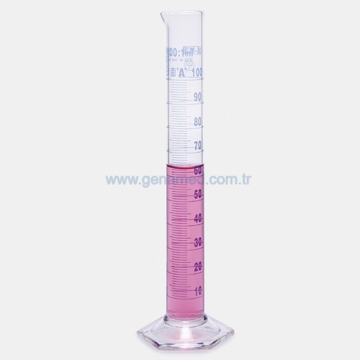 ISOLAB 015.01.100 mezür - uzun form - hexagonal cam tabanlı - A kalite - grup sertifikalı - mavi skala - 100 ml    1 paket = 2 adet