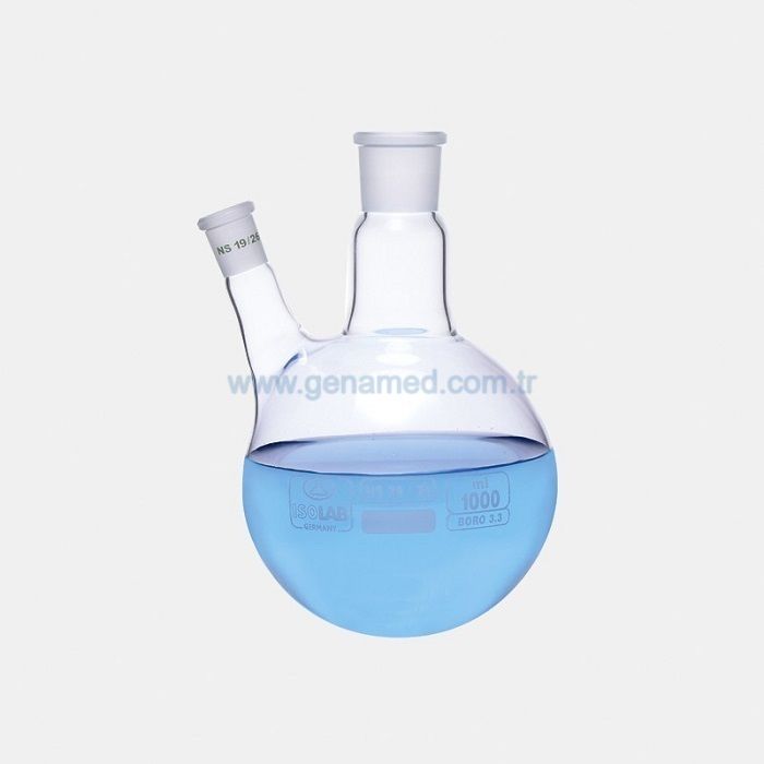 ISOLAB 030.28.901 balon - dibi yuvarlak - 2 boyunlu - yan dişi şilif - merkez boyun : NS 29/32 - yan dişi şilif : NS 19/26 - 1000 ml    1 adet = 1 adet