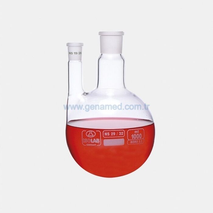 ISOLAB 030.33.902 balon - dibi yuvarlak - 2 boyunlu - paralel yan boyun - merkez boyun : NS 29/32 - yan dişi şilif : NS 14/23 - 2000 ml    1 adet = 1 adet