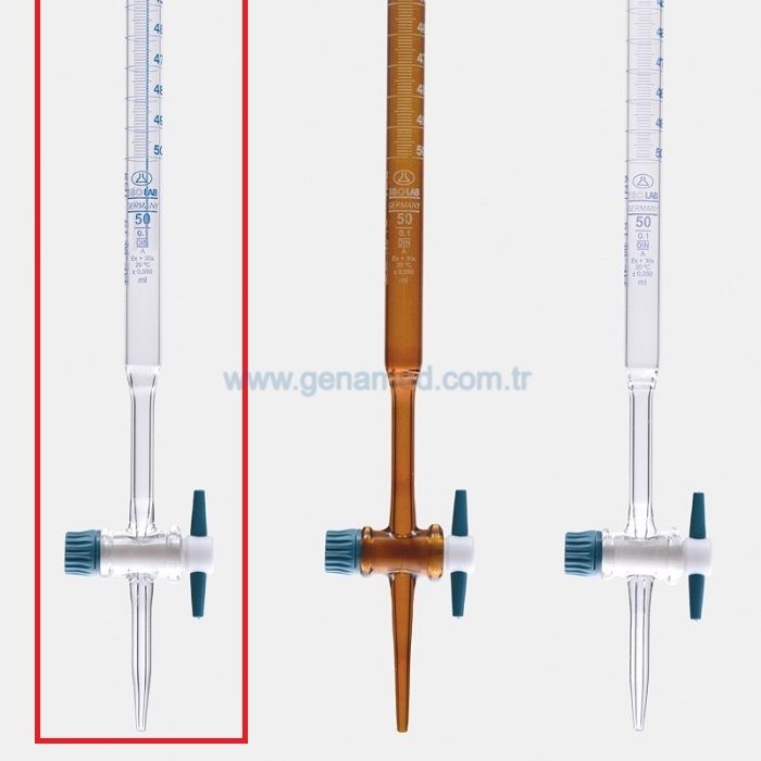 ISOLAB 017.01.010 büret - düz - şeffaf - PTFE musluklu - AS kalite - grup sertifikalı - şelbah çizgili - mavi skala - 10 ml    1 adet = 1 adet