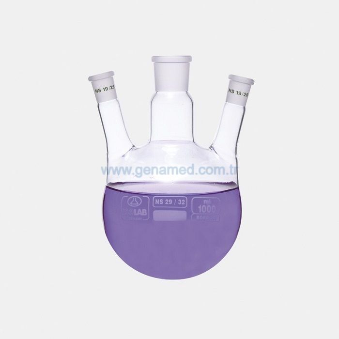 ISOLAB 030.39.500 balon - dibi yuvarlak - 3 boyunlu - yan dişi şilif - merkez boyun : NS 29/32 - yan boyun(lar) : NS 14/23 - 500 ml    1 adet = 1 adet