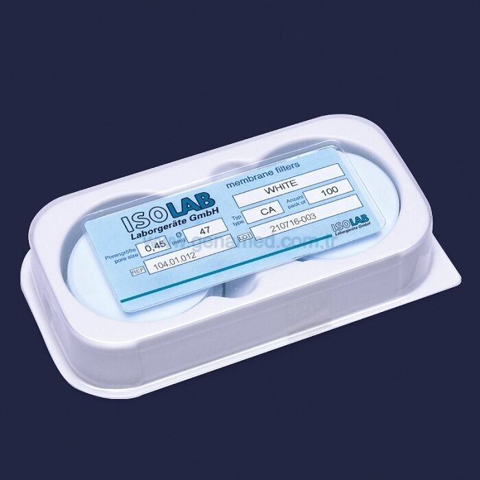 ISOLAB 104.01.009 membran filtre - gözenek büyüklüğü 0,20 um - 47 mm çap - polyester    1 paket = 100 adet