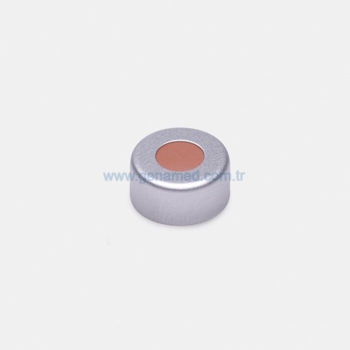 ISOLAB 096.02.002 crimp kapak + septa - kırmızı kauçuk / TEF renksiz - yarıksız - N11 crimp vial için    1 paket = 100 adet